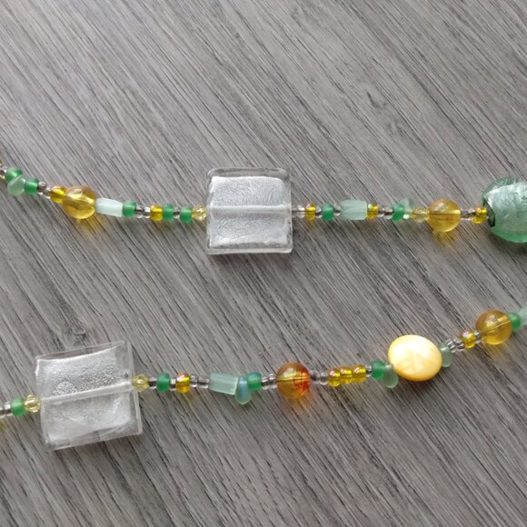 Yellow and Green Glass Beaded Necklace Pearlescent Shell Long - Picture 3 of 8
